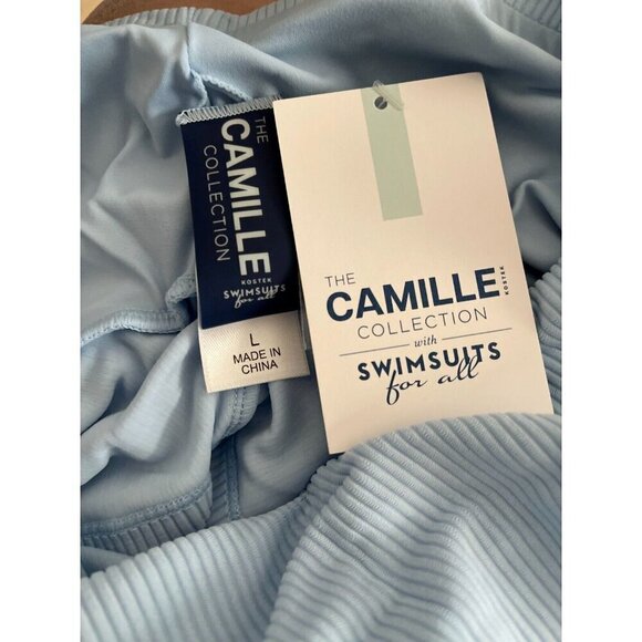 Swimsuits For All L Blue Ribbed Lined Scoop Neckline Short Sleeve Crop Swim Top - Picture 6 of 6